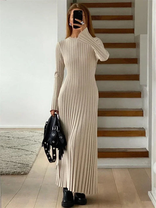 Lace-up Female Knit Maxi Dress – Autumn High Waist Patchwork Long Sleeve Bandage Knitwear Dress