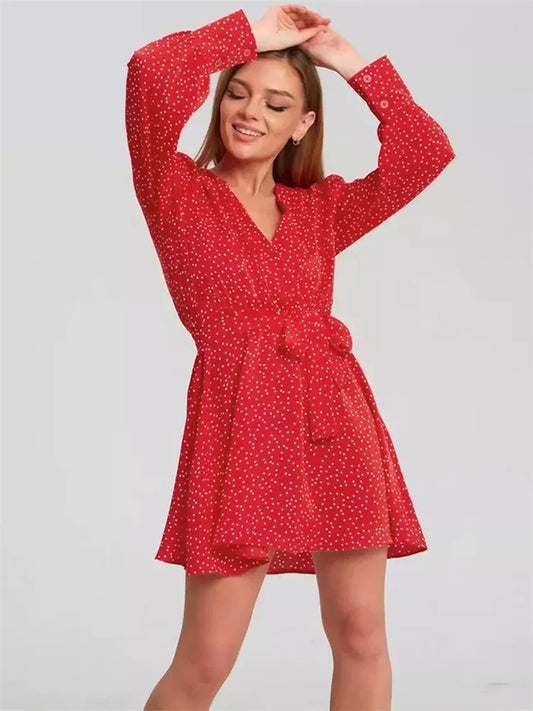 Lace-up High Waist V-neck Mini Dress for Slim Long Sleeve Bandage Dress Female Printed Dress Summer