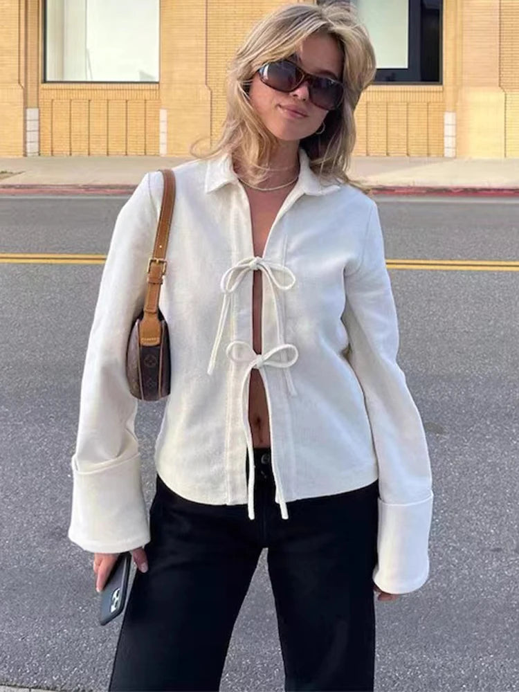 Lace-up Hollow Out Lapel Cardigan Coat High Waist Patchwork Slim Bandage Outwear Clothes
