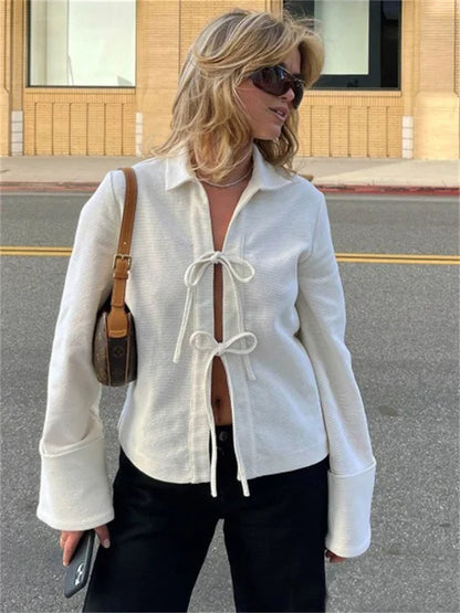Lace-up Hollow Out Lapel Cardigan Coat High Waist Patchwork Slim Bandage Outwear Clothes