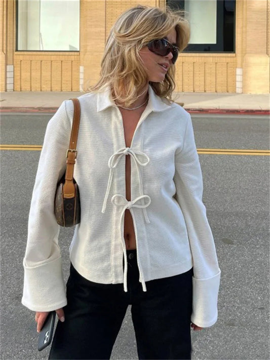 Lace-up Hollow Out Lapel Cardigan Coat High Waist Patchwork Slim Bandage Outwear Clothes