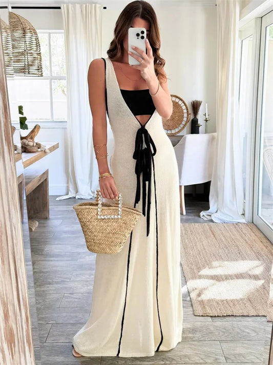 Lace-up Patchwork Loose Dress ’s Sleeveless Hollow Out Contrast Bandage V-neck Maxi Dress Female Party Dress