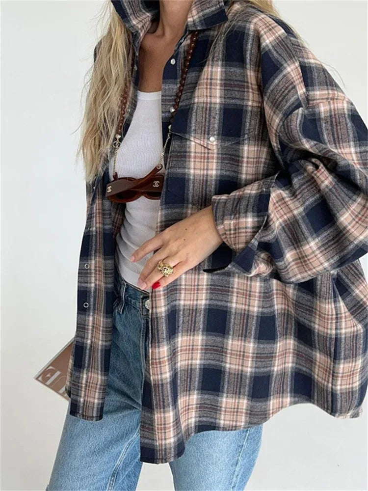 Lapel Autumn Shirts Outwear Contrast Long Sleeve Patchwork Coat Cardigan Female Shirts