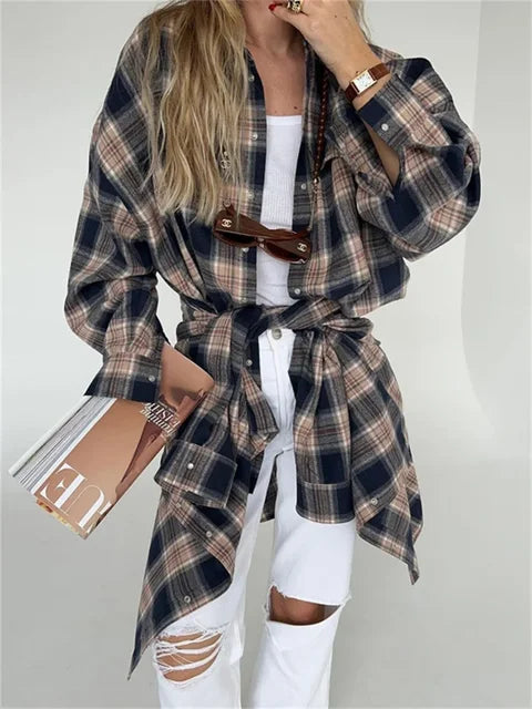 Lapel Autumn Shirts Outwear Contrast Long Sleeve Patchwork Coat Cardigan Female Shirts