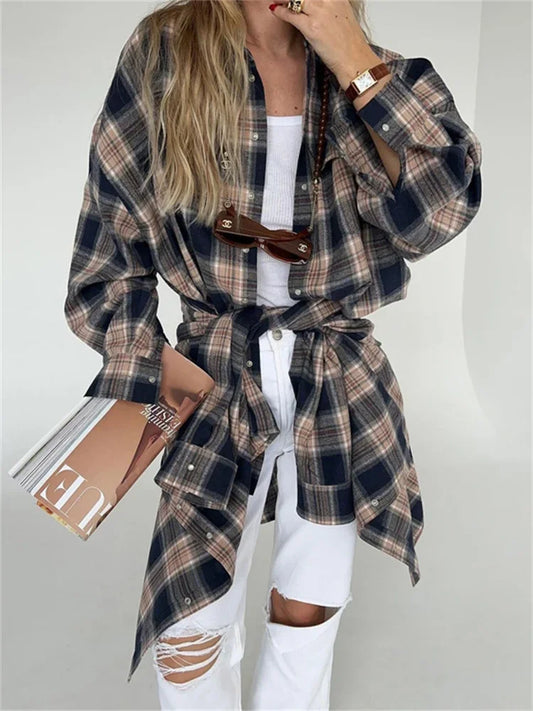 Lapel Autumn Shirts Outwear Contrast Long Sleeve Patchwork Coat Cardigan Female Shirts