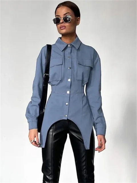 Lapel Patchwork Shirts for Slim Long Sleeve Pocket High Waist Autumn Cardigan Shirts