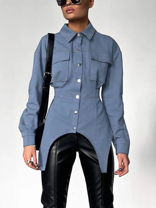 Lapel Patchwork Shirts for Slim Long Sleeve Pocket High Waist Autumn Cardigan Shirts