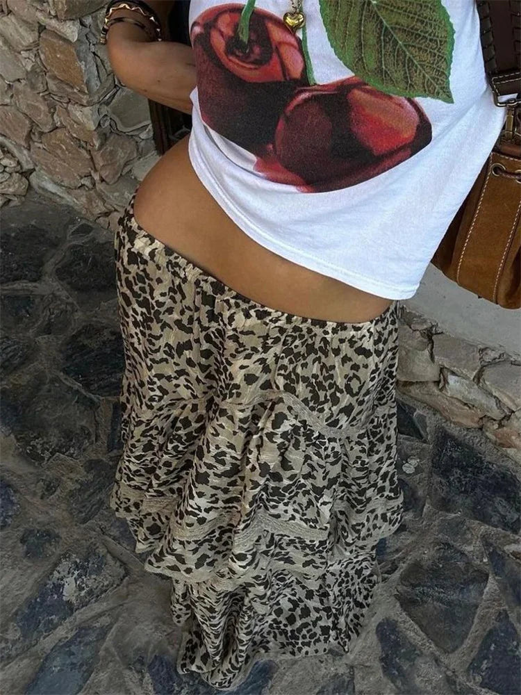 Leopard Printed Maxi Skirt Female Ruffled Patchwork Summer High Waist Bandage Party Looks Long Skirt