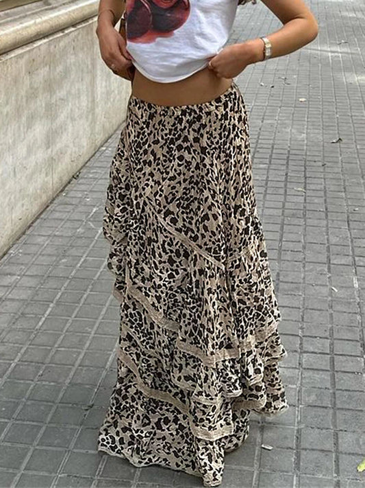 Leopard Printed Maxi Skirt Female Ruffled Patchwork Summer High Waist Bandage Party Looks Long Skirt