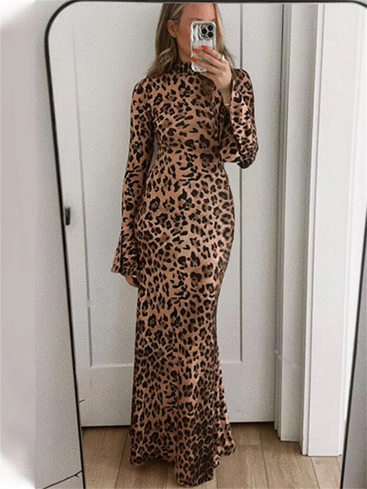 Leopard Printed Slim Long Dress Female Patchwork Contrast Long Sleeve Party Dress for Autumn Dress