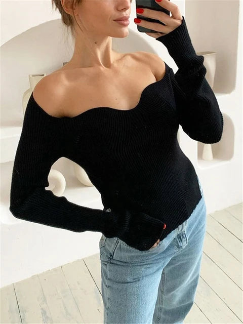 Long Sleeve Sweater Autumn Knit Ribbed Top Knitted Tops Pullover Off-shoulder Knitwear Black