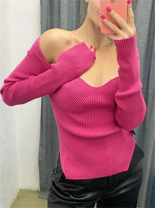 Long Sleeve Sweater Autumn Knit Ribbed Top Knitted Tops Pullover Off-shoulder Knitwear Black