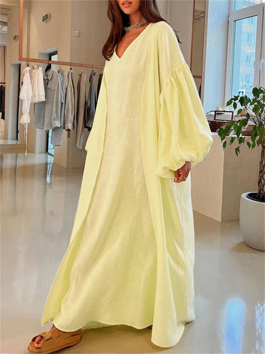 Loose 2 Piece-set Long Dress Cover Up Clothes for V-neck High Waist Beach Holiday Maxi Dress Outfits