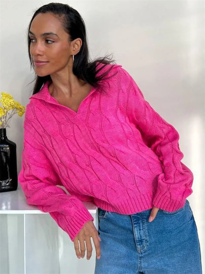 Loose Lapel Patchwork Sweater Pullover Female Long Sleeve High Waist Y2k Top Knitwear Baggy Autumn Oversized Sweater