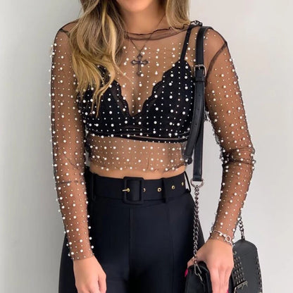Crystal See Through Long Sleeve T-shirt Lace Night Party Club Cropped Top Lady Balck