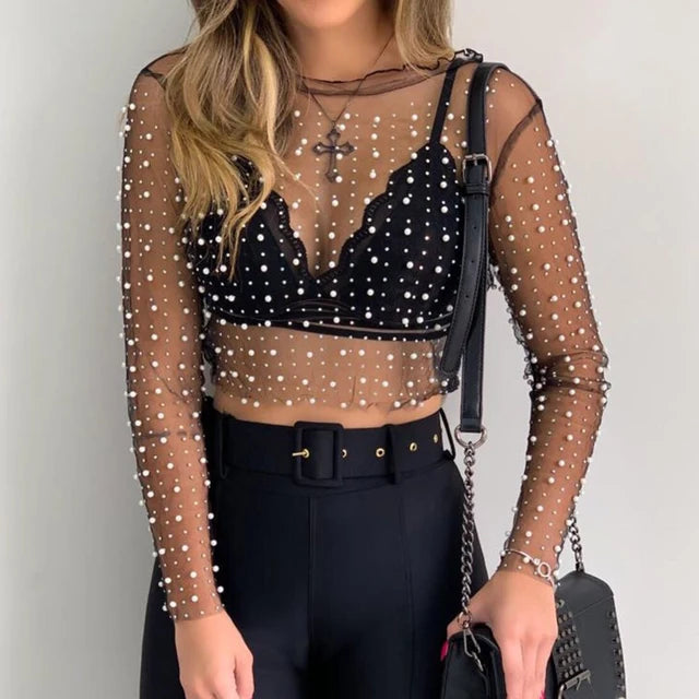 Crystal See Through Long Sleeve T-shirt Lace Night Party Club Cropped Top Lady Balck