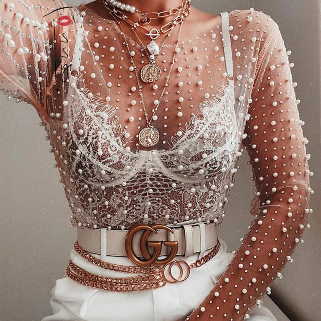 Crystal See Through Long Sleeve T-shirt Lace Night Party Club Cropped Top Lady Balck