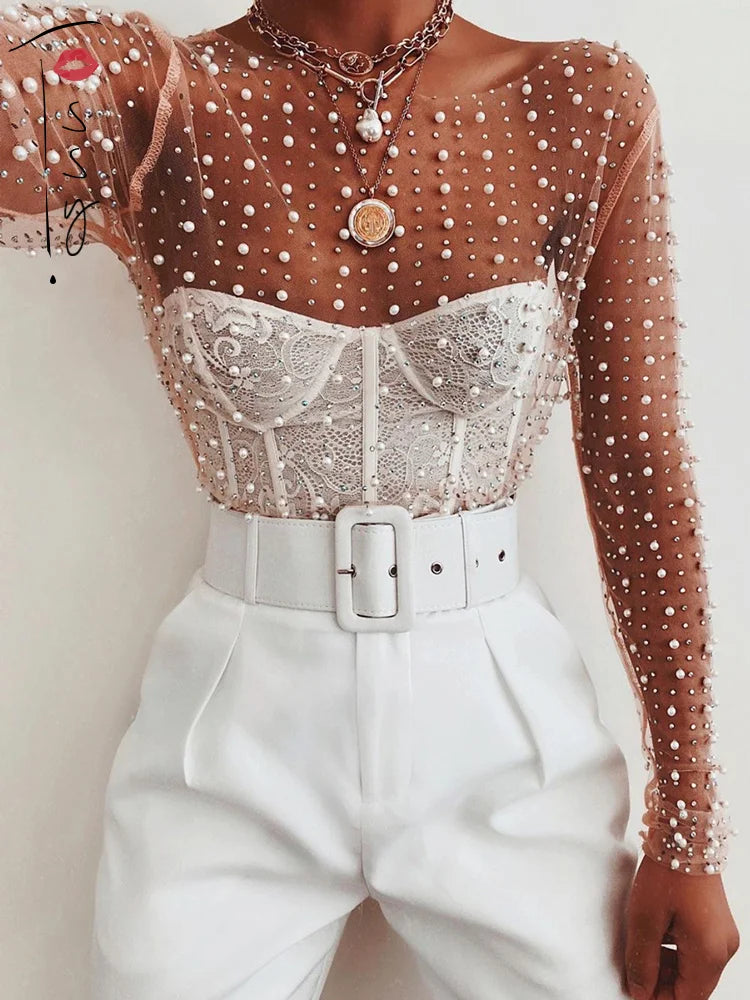 Crystal See Through Long Sleeve T-shirt Lace Night Party Club Cropped Top Lady Balck