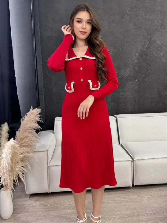 Female Long Dress Pocket Knitwear Ribbed Patchwork High Waist Commute Slim Party Dress Autumn Knit Dress