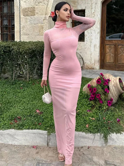 Mesh 2 Piece-set Dress See-through Slim Mini Dress Long Sleeve Patchwork Autumn Maxi Dress Sets