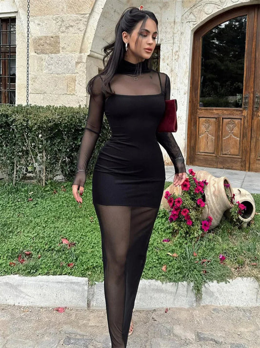 Mesh 2 Piece-set Dress See-through Slim Mini Dress Long Sleeve Patchwork Autumn Maxi Dress Sets