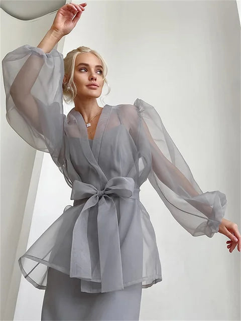 Mesh Holiday Cover Up Shirt V-neck Lace-up Beach Outwear Summer Cover Up