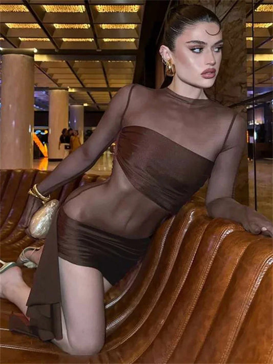 Mesh Hollow Out Mini Dress for See-through High Waist Pleated Slim Bandage Gown Dress Female Y2k Mini Dress New
