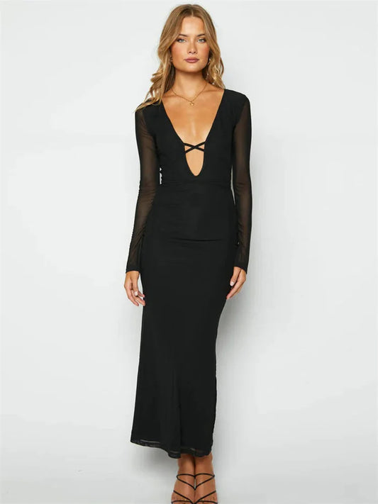 Mesh Lace-up Hollow Out Maxi Dress – V-neck Bandage Party Dress