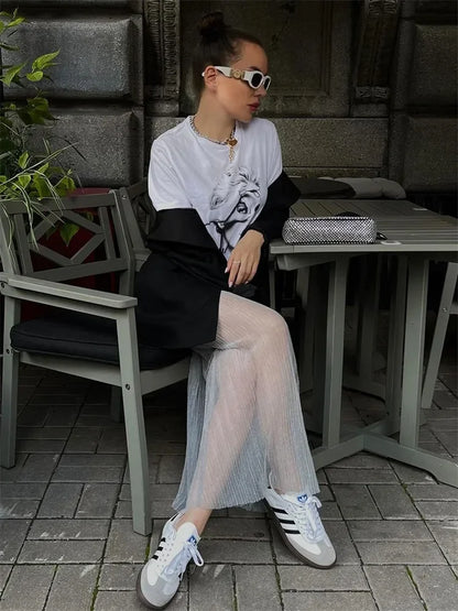Mesh Pleated See-through Long Skirt – Hollow Out High Waist Maxi Skirt