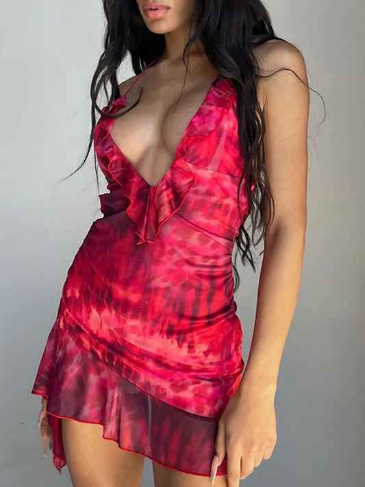 New Halter Neck Printed Dress for Hollow Backless Irregular Female Chiffon Folds Fungus Mini Dress
