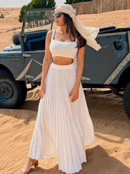 New White Knit Two Piece Sets Fall Ribbed Tank Top and Pleated Knitted Skirt Suits for Long Dress Sets Summer