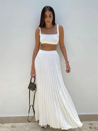 New White Knit Two Piece Sets Fall Ribbed Tank Top and Pleated Knitted Skirt Suits for Long Dress Sets Summer