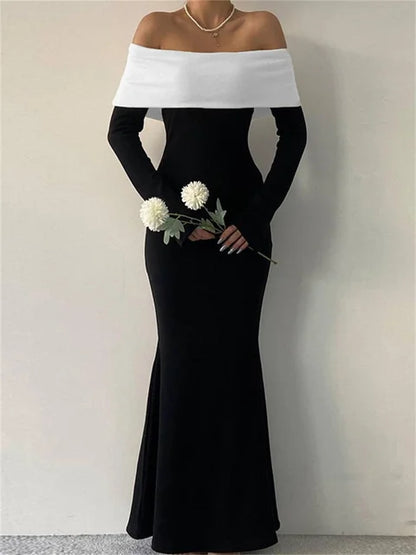 Off-shoulder Patchwork Slim Maxi Dress for Long Sleeve High Waist Backless Party Dress Female Autumn Outfit