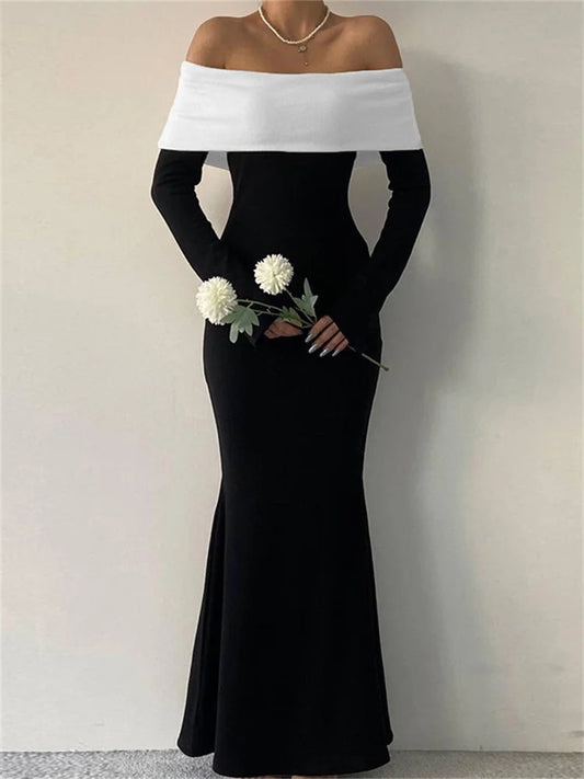 Off-shoulder Patchwork Slim Maxi Dress for Long Sleeve High Waist Backless Party Dress Female Autumn Outfit