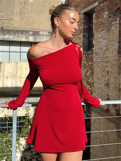 Off-shoulder Ruffled Bandage Mini Dress for Long Sleeve Patchwork Lace-up Dress Female Dress