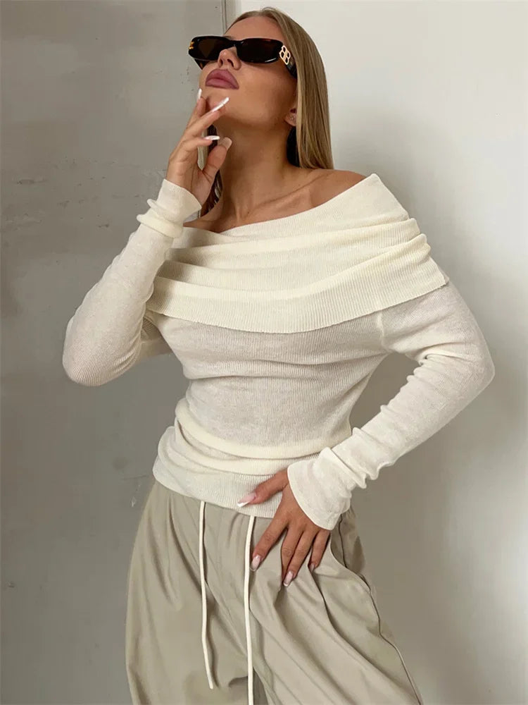 Off-shoulder Knit Pullover Sweater for Mesh See-through Long Sleeve Backless Y2k Top Knitwear Pullover