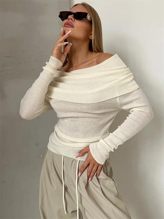 Off-shoulder Knit Pullover Sweater for Mesh See-through Long Sleeve Backless Y2k Top Knitwear Pullover