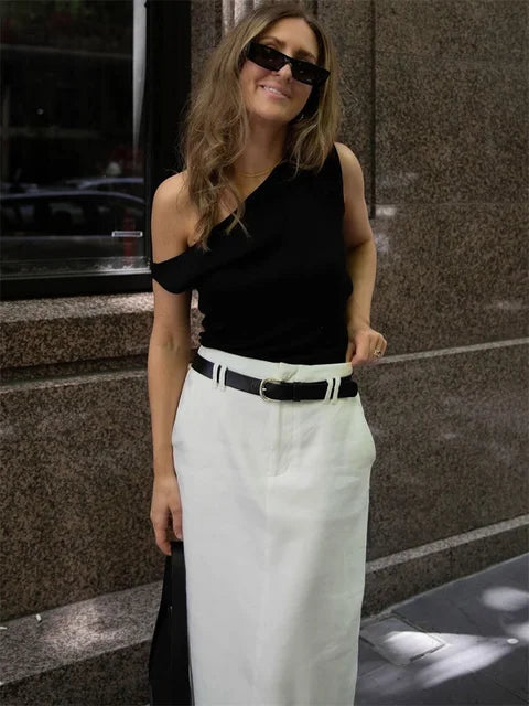 Off-shoulder T-shirt Summer Ribbed Sleeveless Clothes Female High Waist Tee Top
