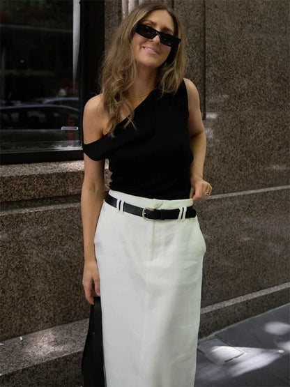 Off-shoulder T-shirt Summer Ribbed Sleeveless Clothes Female High Waist Tee Top