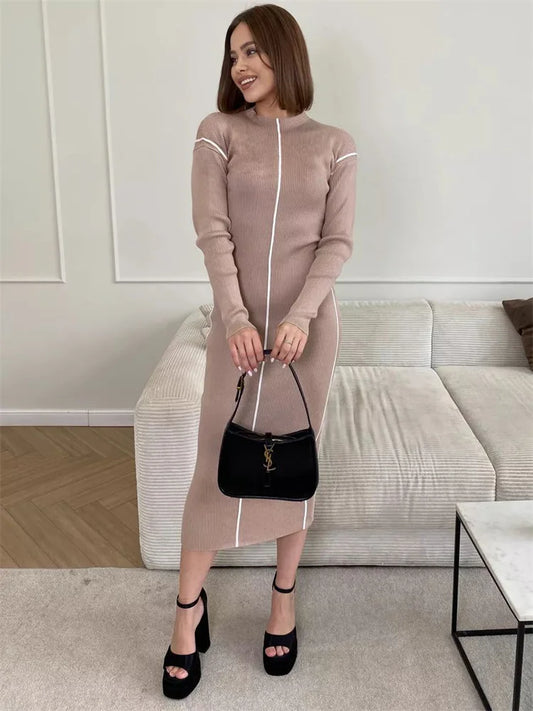 Patchwork Knit Maxi Dress for Contrast Ribbed High Waist Slim Party Dress Female Knitwear Long Dress