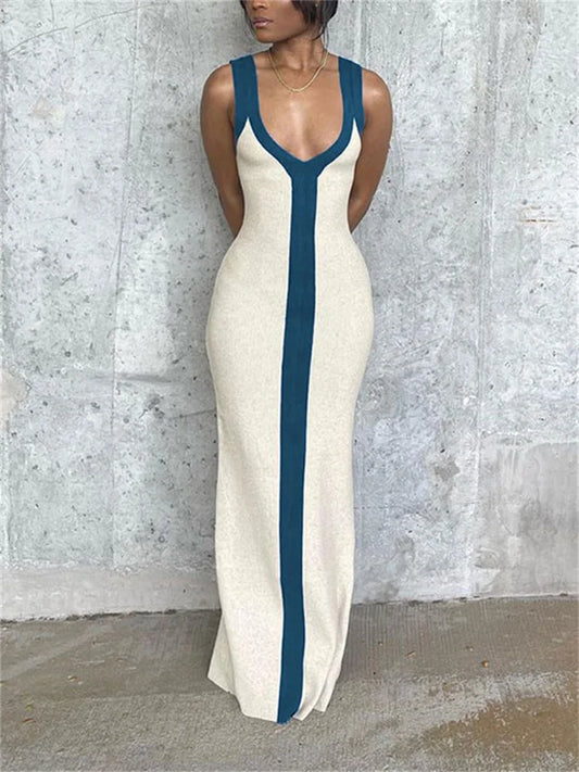 Patchwork Contrast Slim Maxi Dress Female Off-shoulder V-neck Party Dress High Waist Beach Holiday Outfits Long Dress
