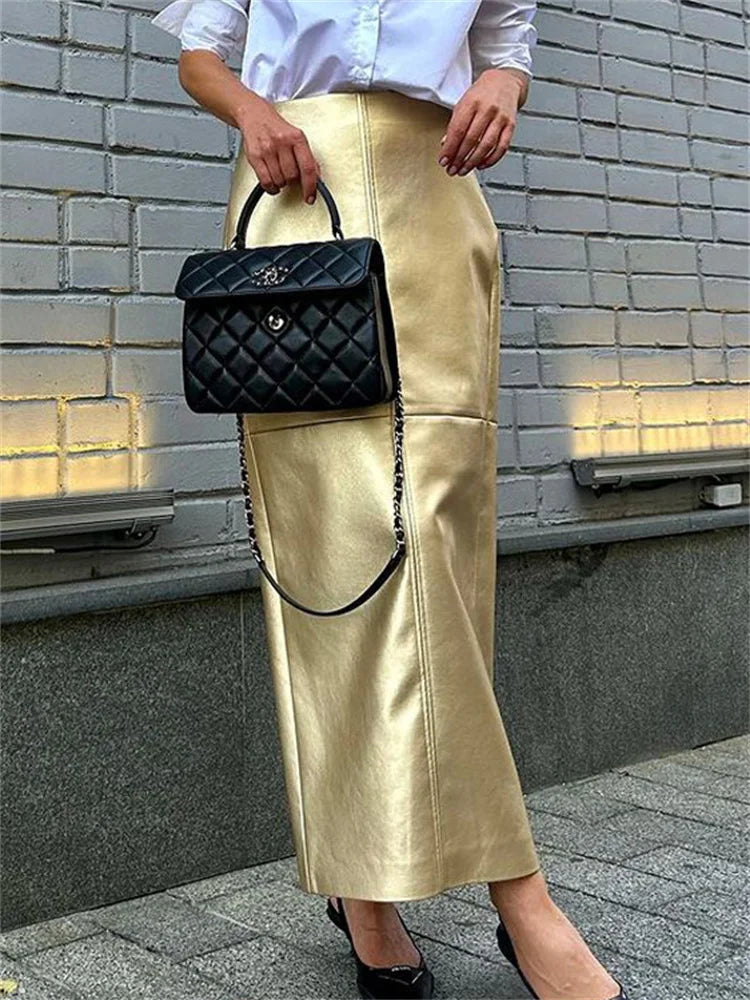 Patchwork High Waist Long Skirt Metallic Slim Pu Maxi Dress Female Autumn Maxi Skirt