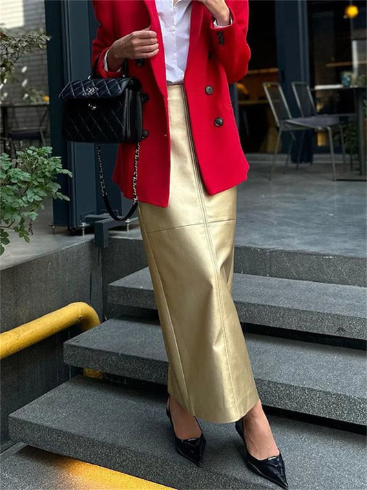 Patchwork High Waist Long Skirt Metallic Slim Pu Maxi Dress Female Autumn Maxi Skirt