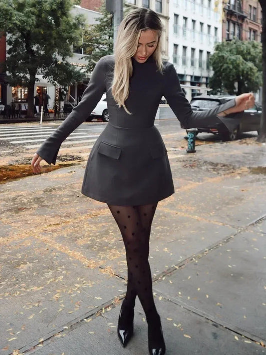Patchwork Long Sleeve Mini Dress for High Waist Patchwork Female Slim Dress