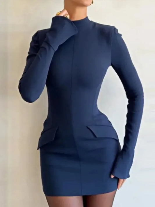 Patchwork High Waist Mini Dress Female Long Sleeve Autumn Pocket Slim Dress ’s Dress New