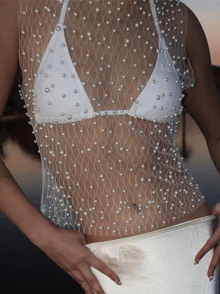 Pearl Mesh See-through Tank Top Sleeveless Round Neck Losse Summer Short T-shirt Female Y2k Vest