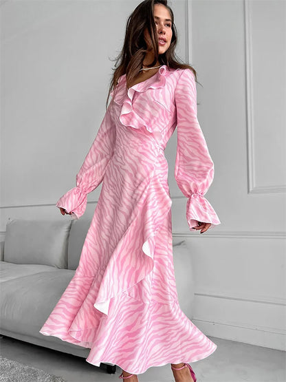 Pink Printed Ruffled Long Dress ’s Lace-up Long Sleeve Contrast Patchwork Party Dress Female Bandage Dress