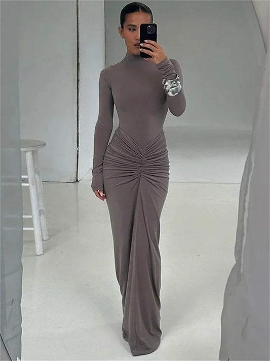 Pleated Patchwork Long Dress ’s High Waist Long Sleeve Slim Party Dress Summer Female Maxi Dress