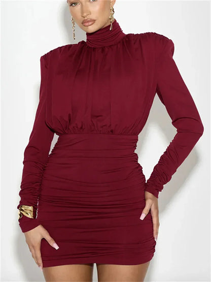 Pleated High Waist Slim Mini Dress Female Long Sleeve Patchwork Commute Dress Autumn Dress
