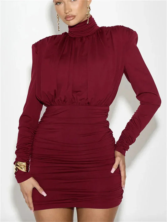 Pleated High Waist Slim Mini Dress Female Long Sleeve Patchwork Commute Dress Autumn Dress